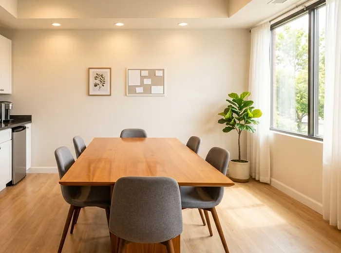An office break room with clean table and chairs
