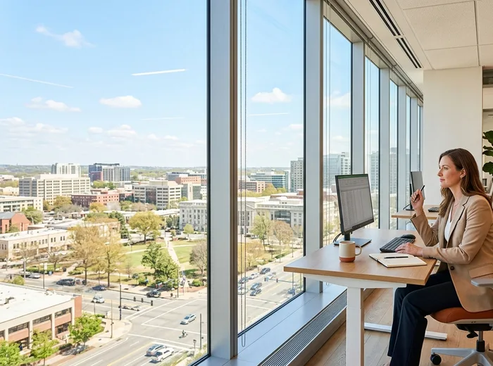 Streak-free office glass beside a clean workstation