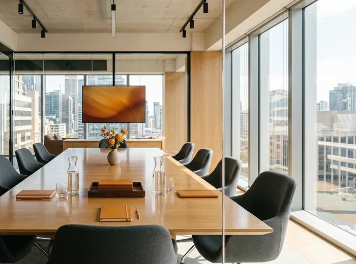 A conference room with a polished table and clean chairs