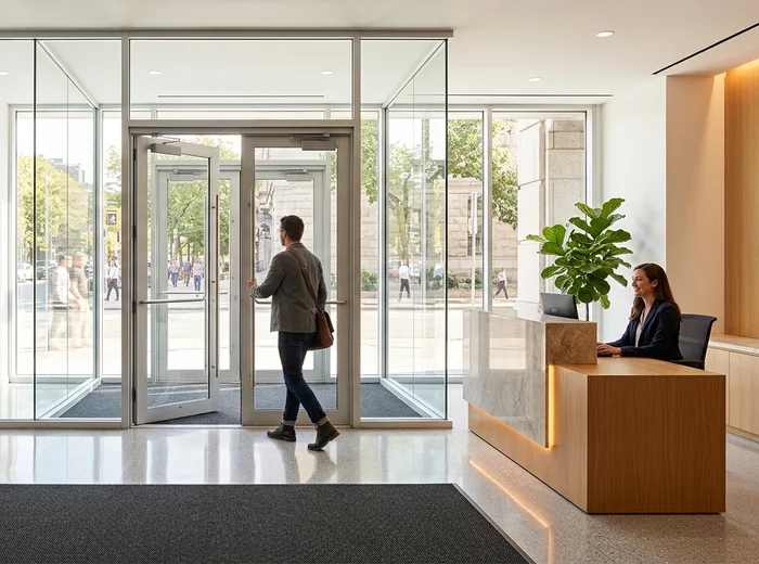 A building entrance with clean matting and glass doors