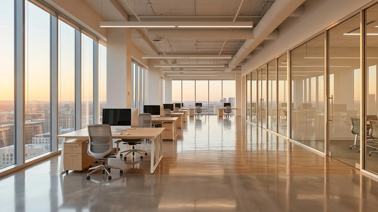 A clean open-plan office with polished floors before the working day